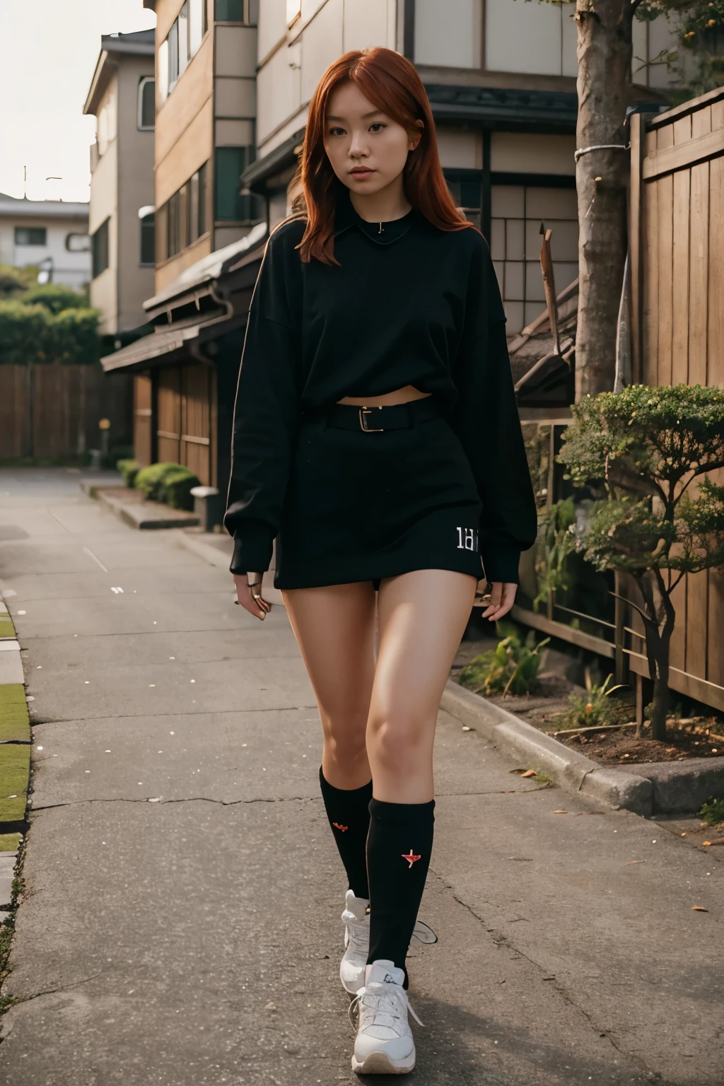 Sexy redhead nude japanese girl in a Girls world only walking exploration wearing only long sleeves with no front, black sneakers, high black over-the-knee socks and a dog collar