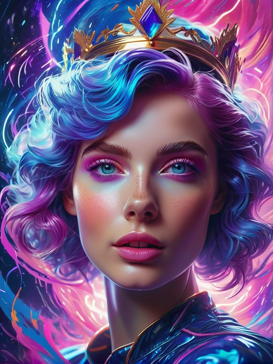 A portrait of beautifully stunning 20 yo woman [Elizabeth II:Maude Adams:0.45] with content face expression, fair skin, pink hair, surrounded by a swirling nanodusty plasma in electric blue and vibrant purple, vibrant colors, digital painting, trending in Artstation, cinematic lighting, and dynamic composition.