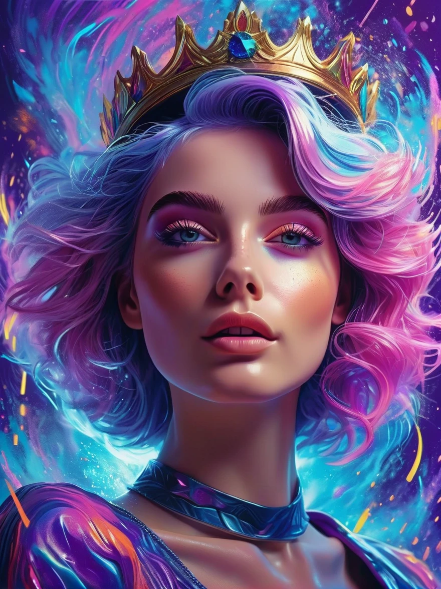 A portrait of beautifully stunning 20 yo woman [Elizabeth II:Maude Adams:0.45] with content face expression, fair skin, pink hair, surrounded by a swirling nanodusty plasma in electric blue and vibrant purple, vibrant colors, digital painting, trending in Artstation, cinematic lighting, and dynamic composition.