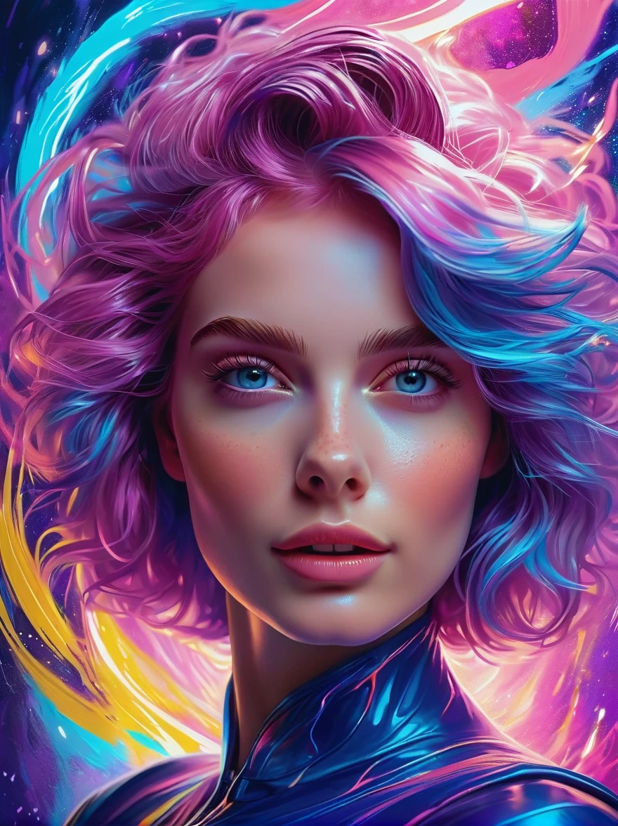 A portrait of beautifully stunning 20 yo woman [Elizabeth II:Maude Adams:0.45] with content face expression, fair skin, pink hair, surrounded by a swirling nanodusty plasma in electric blue and vibrant purple, vibrant colors, digital painting, trending in Artstation, cinematic lighting, and dynamic composition.