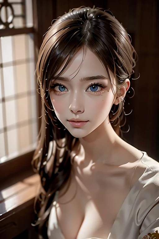 (table top:1.3, Photoreal:1.4, 8K), highest quality, masterpiece, 超A high resolution, professional camera work, Cultivate the effect of light, realistic portrait, cinematic light, Highly detailed skin and facial textures:1.3, perfect dynamic composition, super detailed, detailed eye, Detail of limbs, autumn's, Autumn leaves landscape in the evening:1.25, 1 girl, Cute sexy 23 year old slim woman, Fair skin, Autumn leaves are dancing:1.25, (Enchanted expression:0.9, completely enchants you:1.0), (white kimono:1.31 Only shoulders and scapula exposed), (buckshot, calm pose), (plump breasts:0.9), (beautiful blue eyes, Eyes that feel beautiful eros:0.85), sexy face:0.4, (A taste that gives you a beautiful sense of eroticism:0.85), ((Too cute beauty:0.9)), back sharp focus