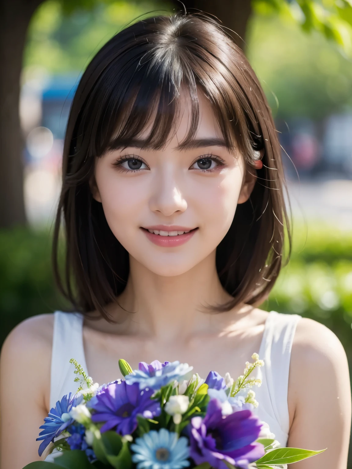 (highest quality,masterpiece:1.3,ultra high resolution),(Super detailed,caustics),(realistic:1.4,RAW shooting),1 girl,flat bangs、look at the camera with a smile、Blurred background, (Vibrant color saturation), Blue bouquet