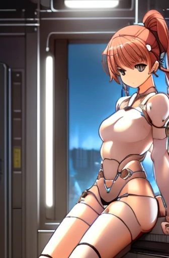 A Female robot is sleeping in bedroom, spread legs, nude, banzai pose. she wears no dress. She Brown short hair is tied with two big red clothespins, She lifts up the under hem of her white plain dress, leaning over, masterpiece, very short pigtails,brown hair, mature, android, blue eyes, full body figure, Height: 160cm, flushed cheeks, 2020s anime picture, A beautiful robot with short brown hair in two short pigtails held up by two very large huge red clothespins, Uplifting, No NSFW, whole body, barefoot, archaic smile, getting orgasm, 25 years old, sweat bucket.