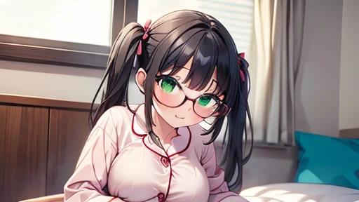 masterpiece,highest quality,wonderful,finely,High resolution,1 girl, big breasts,(pajamas:1.3), black hair, glasses, green eyes,twin tails,full body