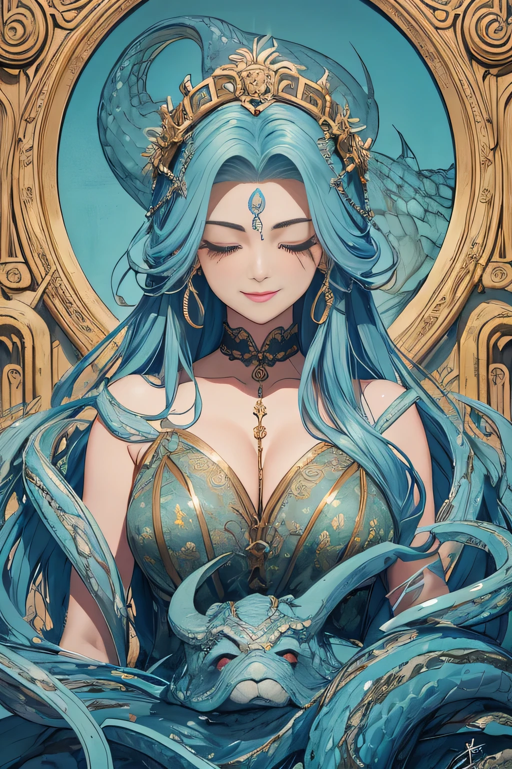 (masterpiece, highest quality), 8k wallpaper, very detailed, poster, medusa, snake hair, sexy, erotic, horror, Greek cinematic movie poster, bauhaus, shape, OK, abstract, gothic, movie poster, vintage, cute,light blue,highlight,smile,light blueと白をベースに,closed my eyes