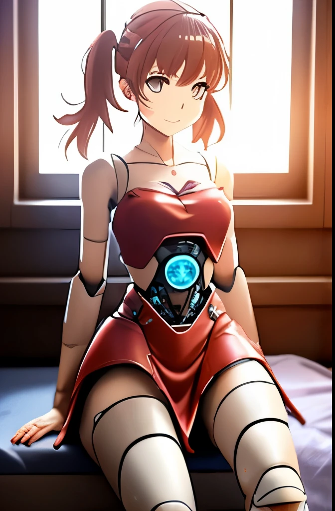 A Female robot is sleeping in bedroom, spread legs, nude, banzai pose. she wears no dress. She Brown short hair is tied with two big red clothespins, She lifts up the under hem of her white plain dress, leaning over, masterpiece, very short pigtails,brown hair, mature, android, blue eyes, full body figure, Height: 160cm, flushed cheeks, 2020s anime picture, A beautiful robot with short brown hair in two short pigtails held up by two very large huge red clothespins, Uplifting, No NSFW, whole body, barefoot, archaic smile, getting orgasm, 25 years old, sweat bucket. 