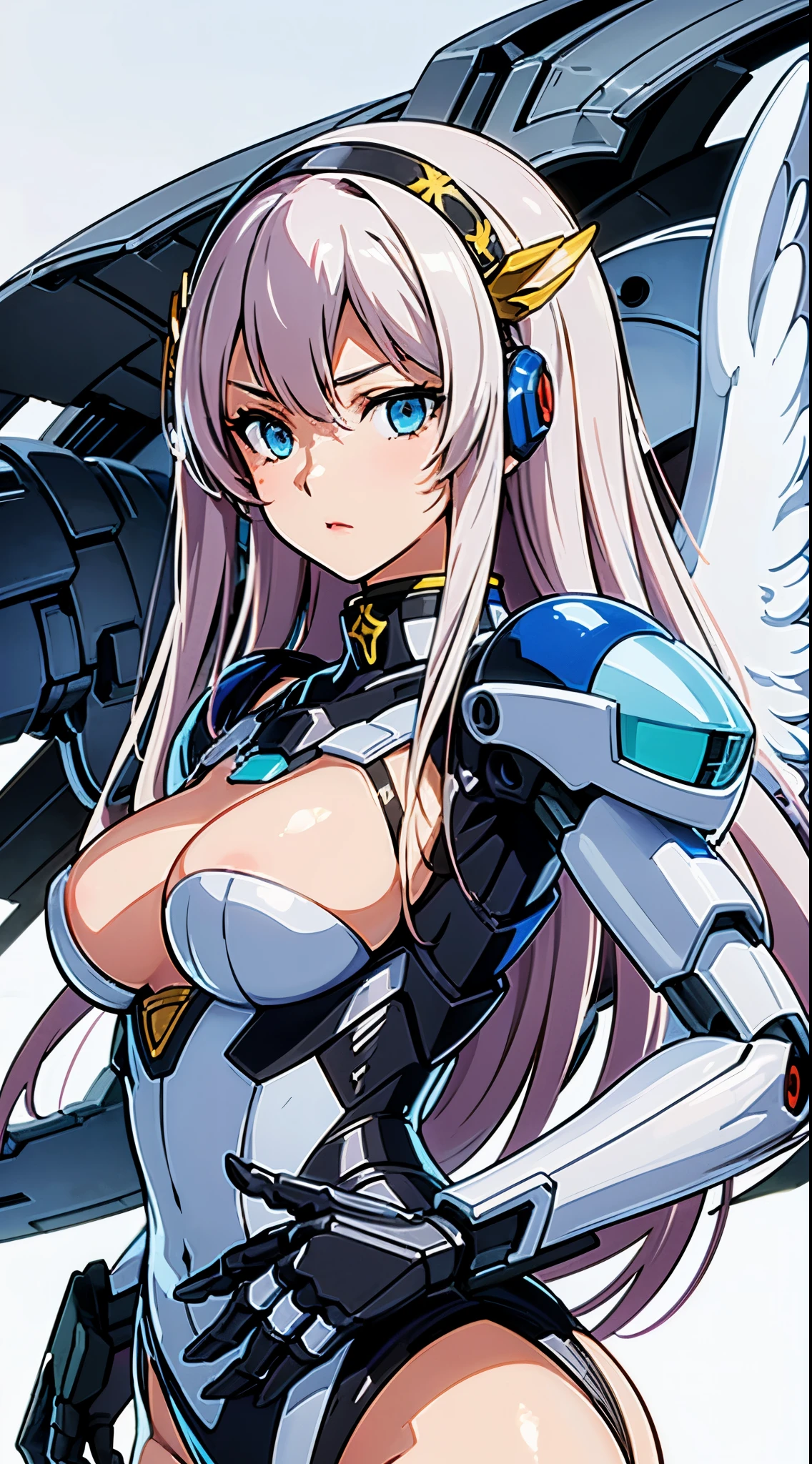 ((8K)), ((32k)), ((highest quality)), ((masterpiece)), ((超A high resolution)), ((T Masterpiece)), fine skin texture, fine cloth texture, fine metal texture、((beautiful and detailed face))、Raw photo、Professional, Ultra-fine painting, ((solo)), ((Mechaエンジェルに扮した女性)), beautiful , concept art, anime fantasy artwork, detailed fantasy art, (Has pale blue-purple hair and large white mechanical wings.,), (((long hair))), (Mecha:1.6)、Sleed menacing design, ((Armament of the Supreme Commander-in-Chief)), (perfect robot body)、Pure white and blue-purple armor, symmetrical mechanical wings, 8K high quality detailed art, 3D rendering of character art in 8K, clear legs, defined, defined fingers, NSFW、(((head shot:1.3)))