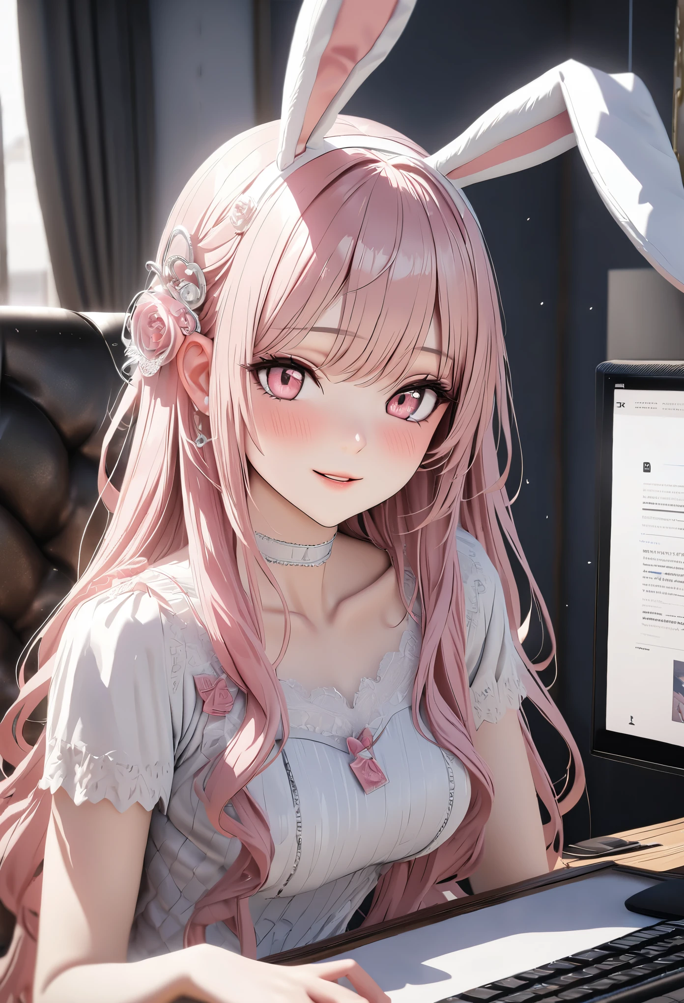 masterpiece,highest quality, Super detailed, High resolution, expensive resolution, HDR, 4k, 8K, unity 8k wallpaper, Super detailed CG, masterpiece, photo-realistic, 2D, 3D, beautiful details, depth, fine texture , super fine: 1.3, Fully focused, Crispy.skin, .he,
Very cute anime girl with Pink semi-long hair wearing expensive , one girl,he女の名前はミラ、 smile、alone, Pink semi-long hair, animal ears, Bunny ears, Idol、可愛らしいIdol衣装、computer、disk、mole under the eye, looking at the viewer , expensive , blush, mole, Bunny ears, parted lips, hair ornaments, heart, pink eyes, choker