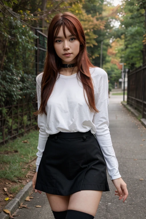 Sexy redhead nude japanese girl in a Girls world only walking exploration wearing only frontless long sleeves, high black over-the-knee socks and a dog collar