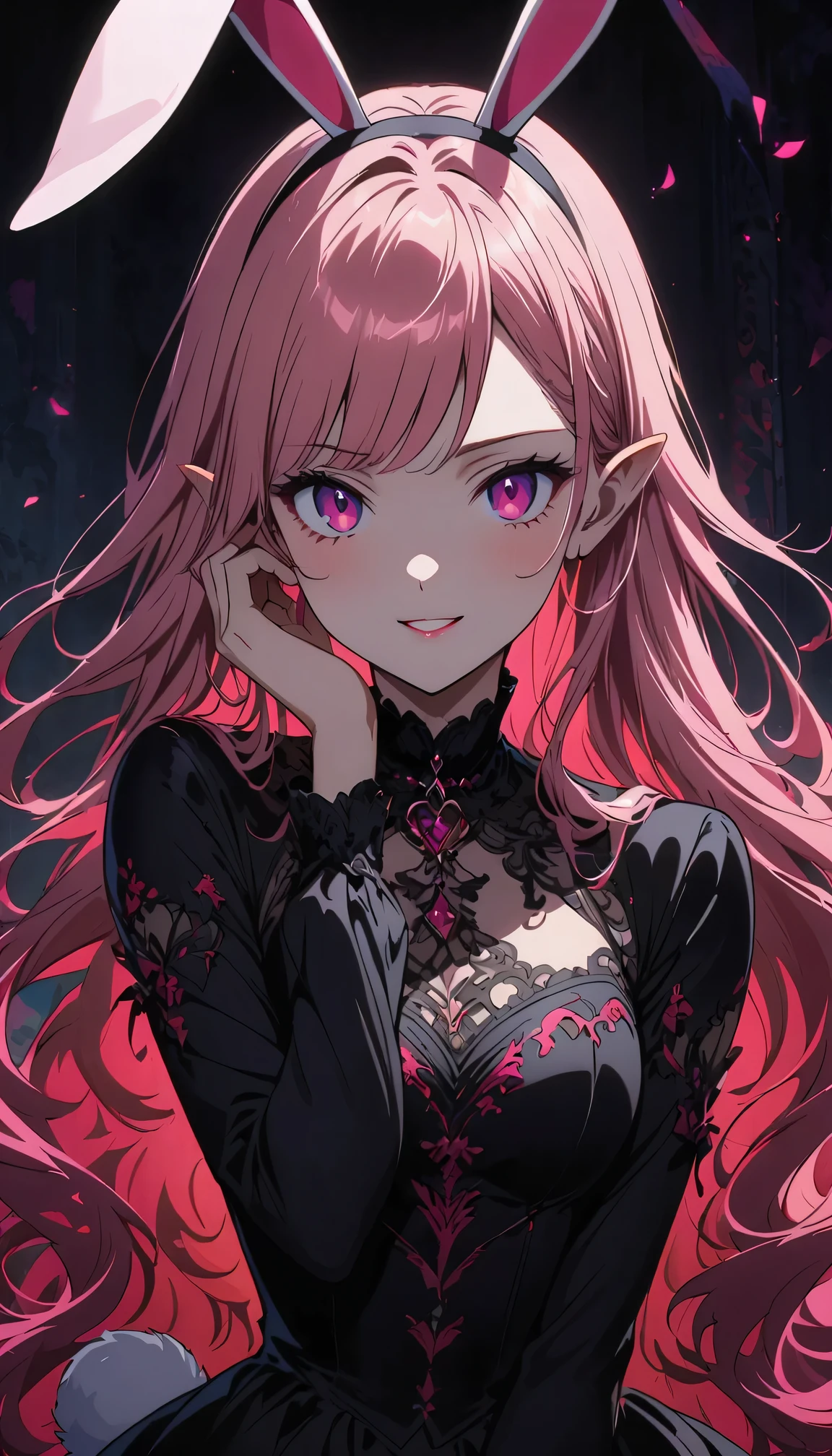 anime style, Cartoon close-up of a woman with ears and bunny tail, With a rabbit tail, With rabbit ears, girls design, Second-rate, portrait, gisha, anime image, long hair, pink hair, hair covering ears, happy, Polished and powerful look, out of tune, High  