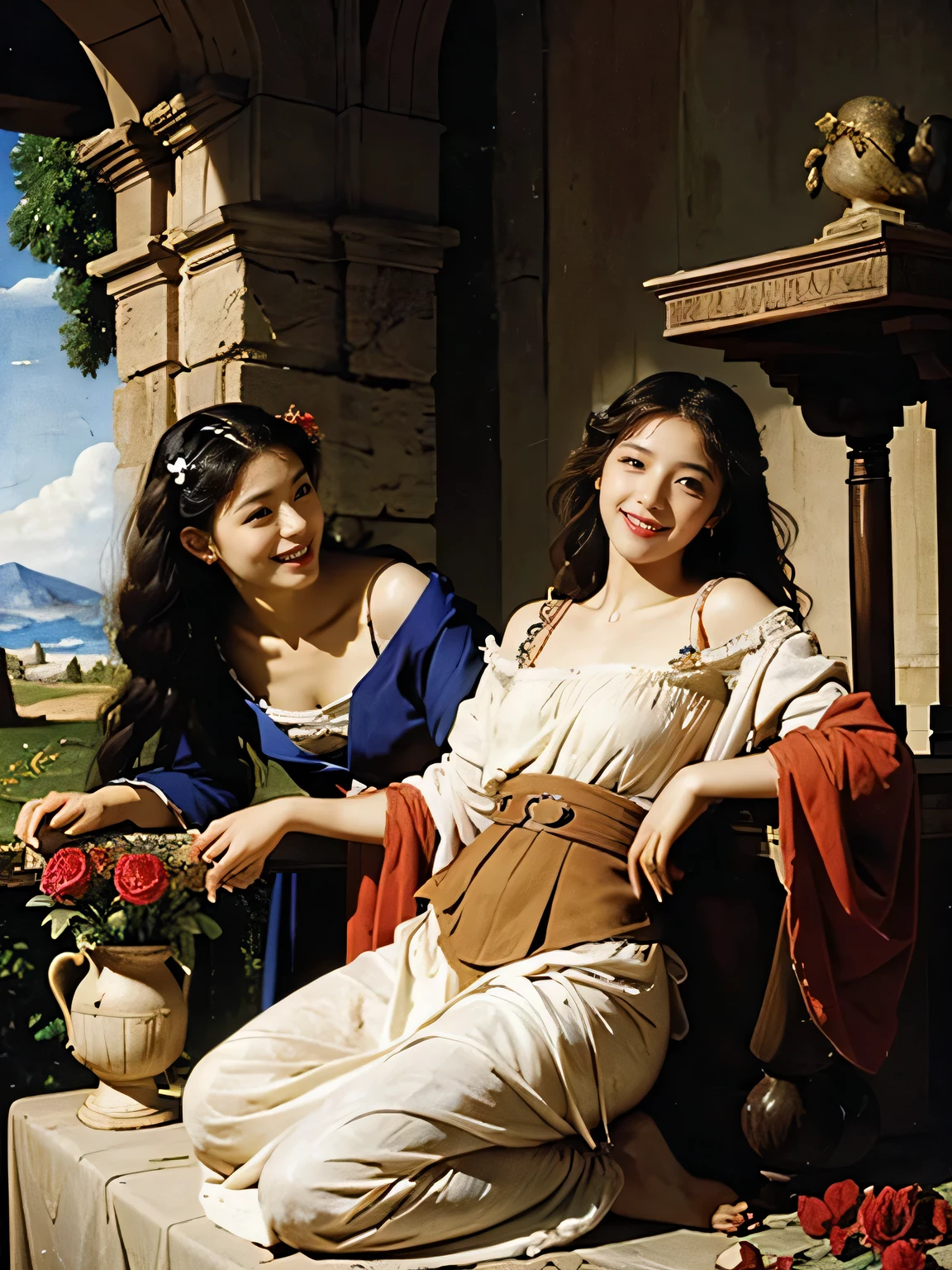full body portrait or statue、Giorgione painting style,Arguments of two female Philosophe,math、astronomical machine、astronaut、roses in vase、fruits、Cute trinkets、smile、ancient greek costume、Ancient Roman landscape in the style of Nicolas Poussin,laughter,,Sweet and seductive appearance.、Caravaggio's paintings、Chiaroscuro of Caravaggio、hair tousled by the wind,Two women frolicking,cute smile, expression of ecstasy,Sexy,erotic