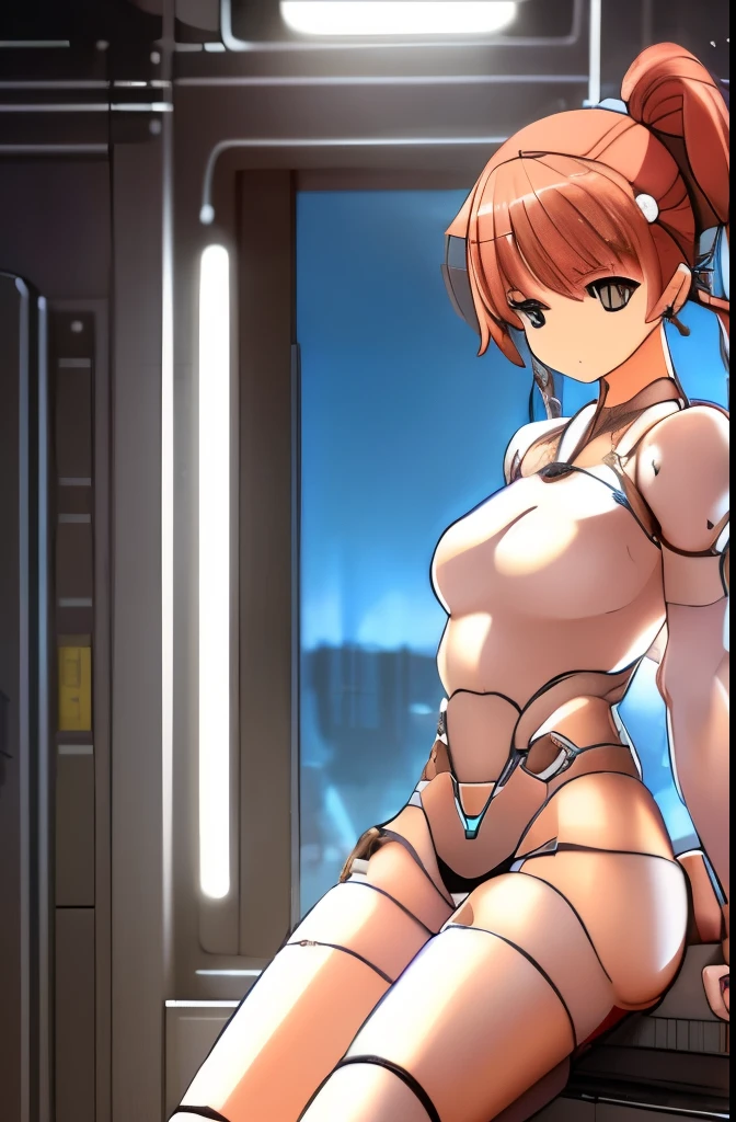 A Female robot is sleeping in bedroom, spread legs, nude, banzai pose. she wears no dress. She Brown short hair is tied with two big red clothespins, She lifts up the under hem of her white plain dress, leaning over, masterpiece, very short pigtails,brown hair, mature, android, blue eyes, full body figure, Height: 160cm, flushed cheeks, 2020s anime picture, A beautiful robot with short brown hair in two short pigtails held up by two very large huge red clothespins, Uplifting, No NSFW, whole body, barefoot, archaic smile, getting orgasm, 25 years old, sweat bucket. 