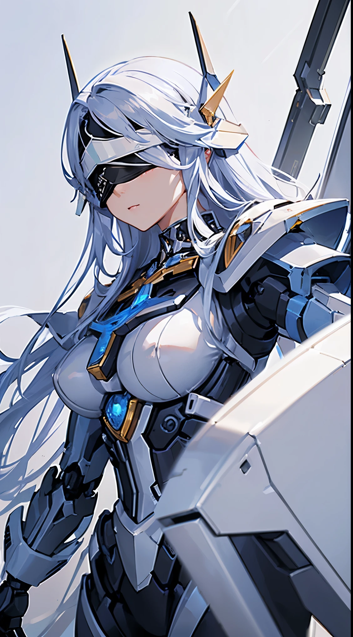 ((8K)), ((32k)), ((highest quality)), ((masterpiece)), ((超A high resolution)), ((T Masterpiece)), ((Halation:1.3))、fine skin texture, fine cloth texture, fine metal texture、((beautiful and detailed face))、Raw photo、Professional, Ultra-fine painting, ((solo)), beautiful breasts、highest quality, Super detailed, Super detailed, small details, very beautiful, Princess Knight Robot, (Joint of the machine, mechanical limbs:1.3), (The internal structure of the machine is exposed:1.3), (red long hair 1.1), (Beautiful and huge mechanical breasts)、white veil, cowboy_shot, side focus, headgear, shiny, ((silver mechanical blindfold:1.8))、 (five fingers, 4 fingers and 1 thumb),concept art, anime fantasy artwork, detailed fantasy art, (with pale blue-violet hair and large white wings,,), (((long hair))), (Mecha:1.6)Sleek and menacing design, ((Armament of the Supreme Commander-in-Chief)), (perfect robot body)、Pure white and blue-purple armor, symmetrical wings, 8K high quality detailed art, 3D rendering of character art in 8K, clear legs, defined, defined fingers, NSFW、((head shot:1.3))