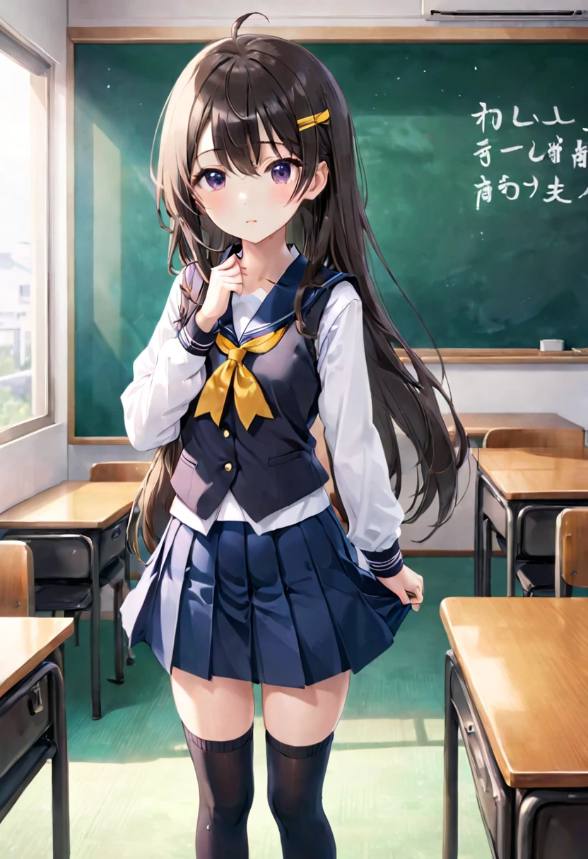 There is a woman standing in front of a desk, Photo of high school girl posing, cute high school girl, japanese girl uniform, wearing japanese school uniform, japanese , 学生服をwearing, a surreal , Young beautiful girl gravure idol, wearing , age female student, surreal , wearing a skirt and high socks、pulling up knee socks、navy blue skirt、black knee socks、Lined V-neck vest、white long sleeve school shirt、