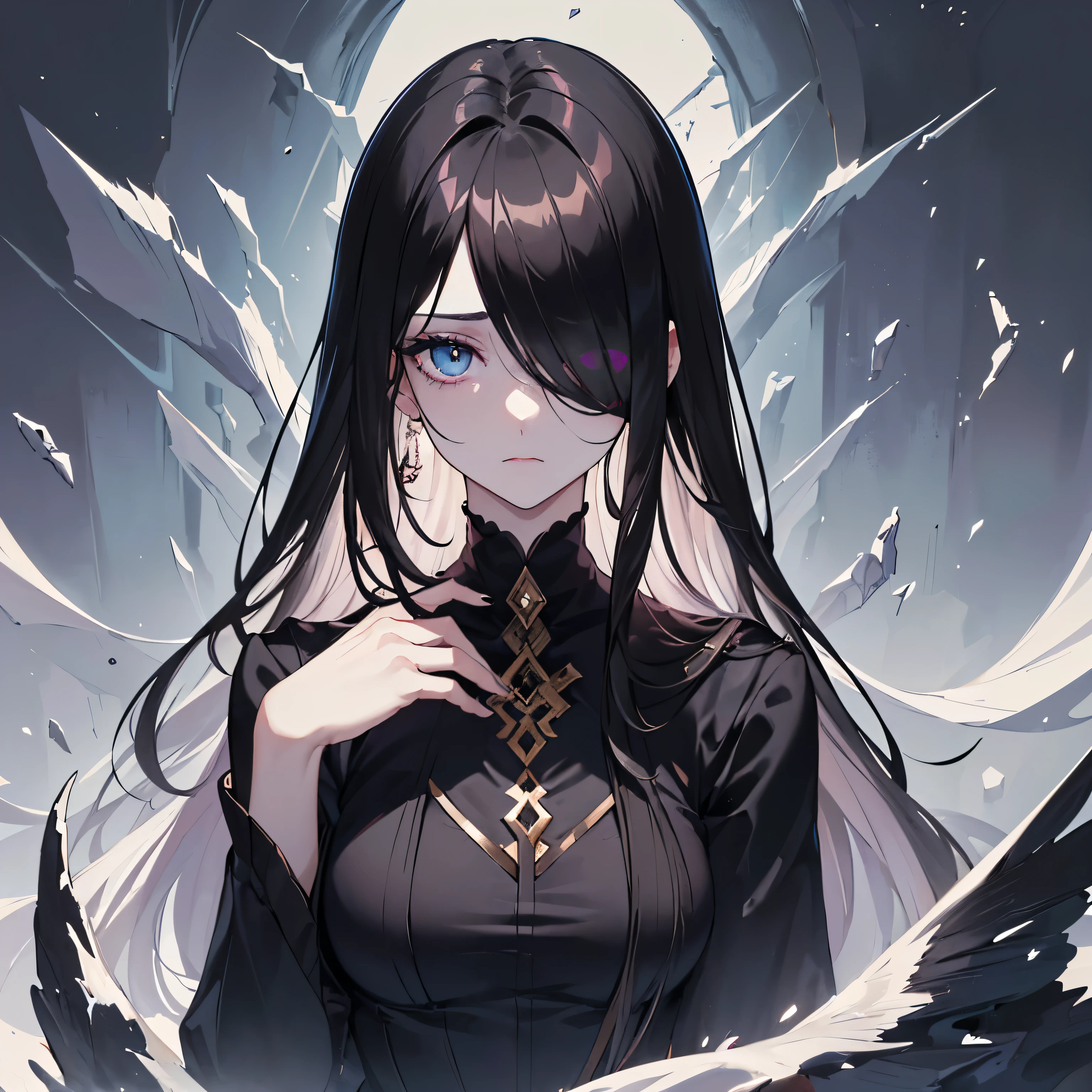 ((masterpiece, best quality)), (1girl), (solo), (female focus), ((dark hair, long hair, hair over one eye)), (hair over one eye: 1.2), sad eyes, cold facial expression, cold look, pale skin, (dark circle under eyes), decadence, stunning, eerie, bag under eyes, ((heterochromatic eyes)),