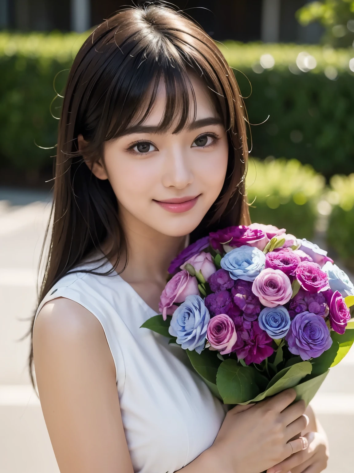 (highest quality,masterpiece:1.3,ultra high resolution),(Super detailed,caustics),(realistic:1.4,RAW shooting),1 girl,flat bangs、look at the camera with a smile、Blurred background, (Vibrant color saturation), Purple bouquet