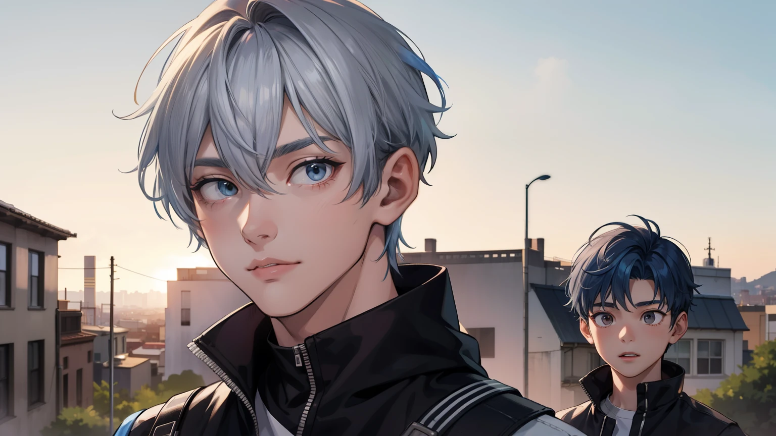 In the background there is a silver city Two teenage friends of 6 years old with blue hair, With Latin skin and light gray hair on the outskirts of a large silver city they are talking about an important topic they are friends almost like brothers..................