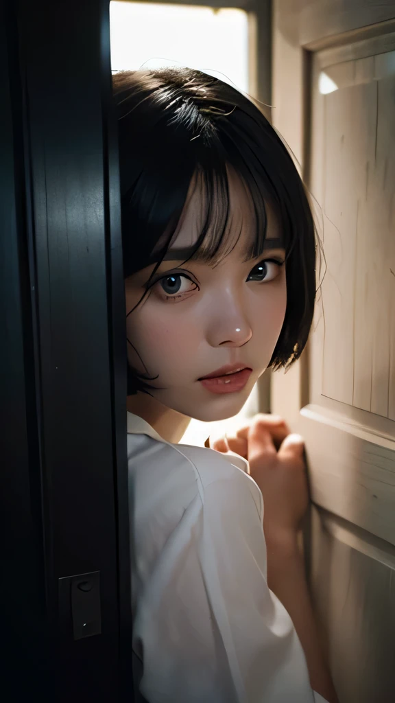 A short black haired sweden girl, bob cut, bang, blue eyes, , young, pale skin, wearing a white silky dress, peeking behind a door, feeling anxiety, sad, sweaty, Ultra high res, uhd, (photorealistic:1.4), coboy shot, doll-like face, in a dark room dramatic lighting