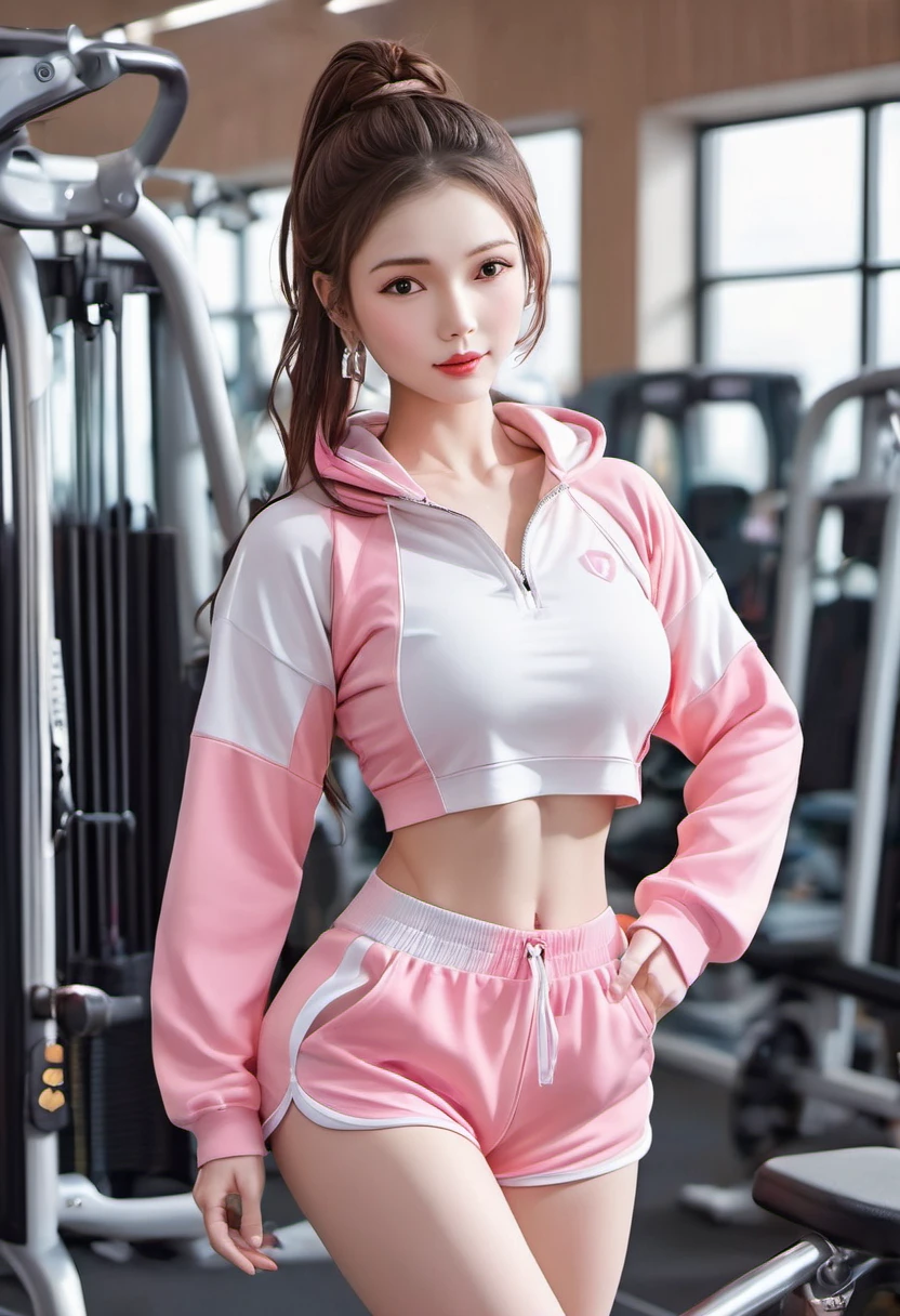 (masterpiece, best quality:1.2),1 girl, alone,Exquisite hair color，Eyes are very delicate，( Wearing pink and white sexy shorts and tracksuit:1.2)，too big,glowing skin，earrings（（（excited expression）））blush，in the gym，Perfect body，perfect breasts ，pink lips