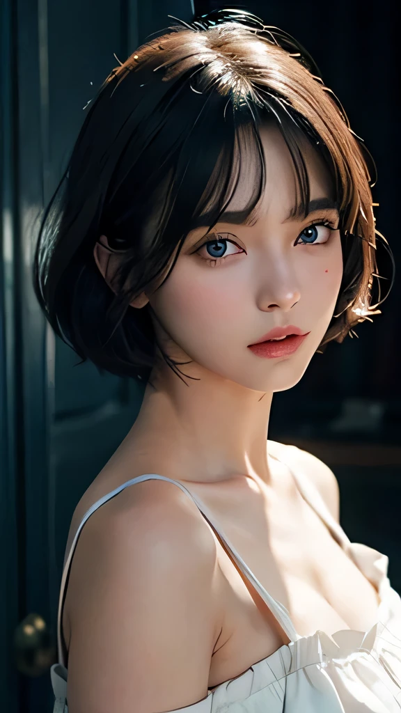 A short black haired sweden girl, bob cut, bang, blue eyes, 14 years old, young, pale skin, wearing a white silky dress, peeking behind a door, feeling anxiety, sad, sweaty, Ultra high res, uhd, (photorealistic:1.4), coboy shot, doll-like face, in a dark room dramatic lighting