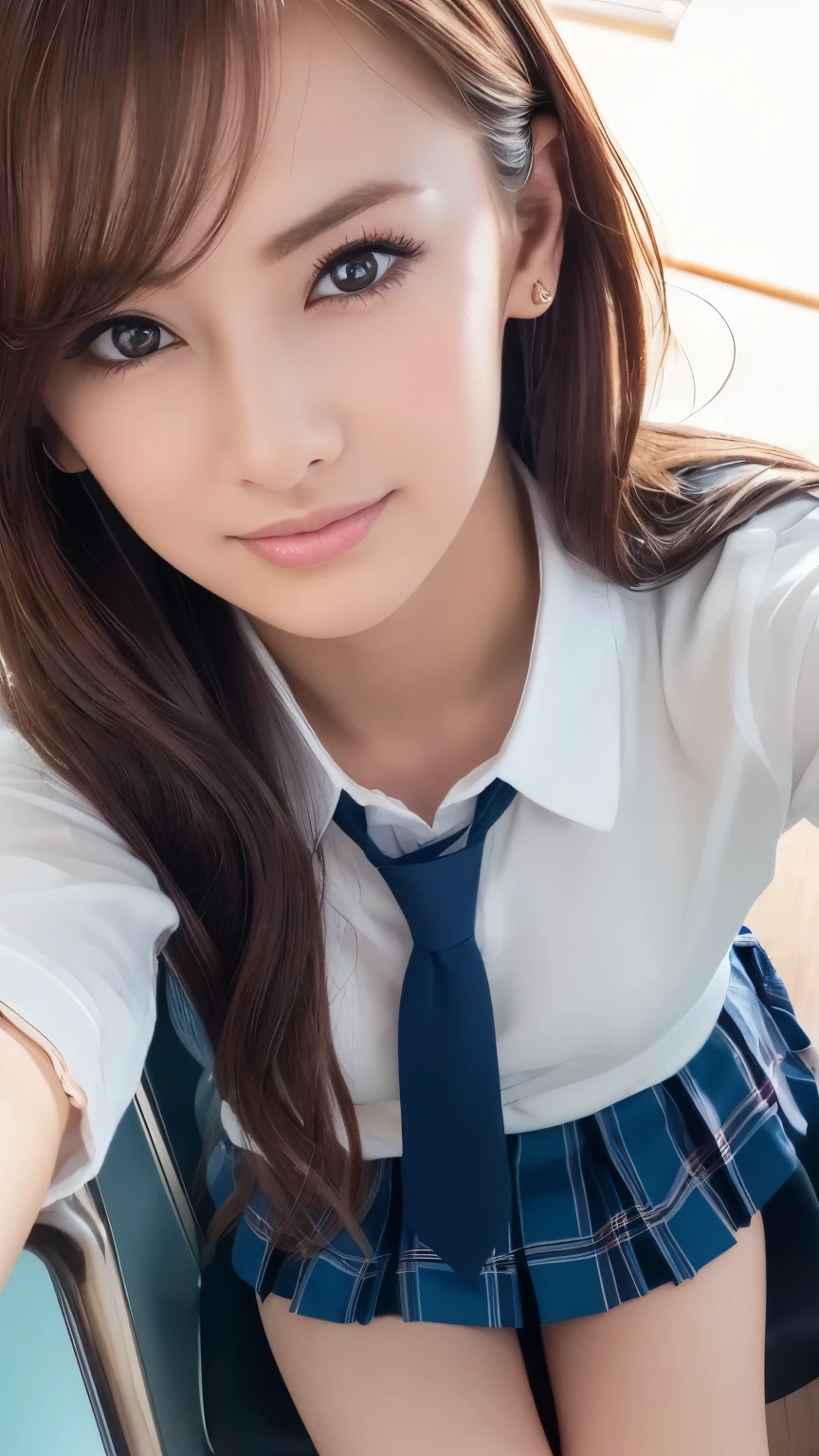 (UHD, masterpiece, anatomically correct, textured skin, super detail, best quality, highres, 8k, bloom, Front Light:1.2, perfect dynamic composition), (************, cute and sexy high school student, sexy face, long face, distant eyes, Gentle eyelids, thin eyebrows, Gentle corners of the eyes, beautiful nose, completely charm you, Eyes that feel erotic, A taste of beautiful eroticism, Too cute beauty), (brown hair, long hair, straight hair, bangs), (gal makeup, eyeliner, lip gloss), (school uniform:1.3, light blue shirt, blue tie, checked skirt, shiny thighs), (classroom, machine, Chair, big window), (shot from below:1.4, look at the camera, extreme close up:1.6), smile