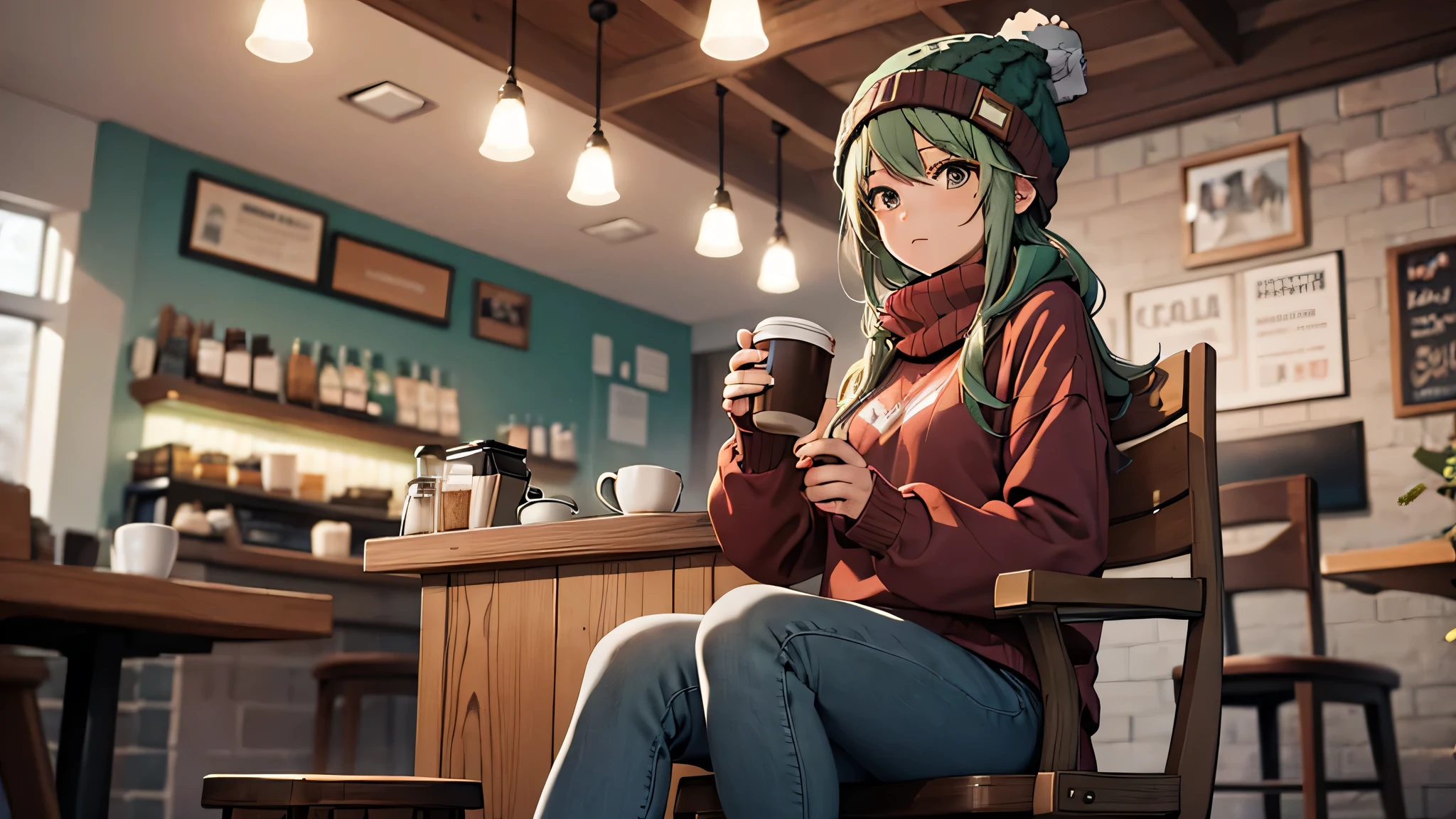 1 girl, alone, coffee shop, green hair, Beanie hat, sweater, jeans, sitting in a chair, dynamic pose, indoors,