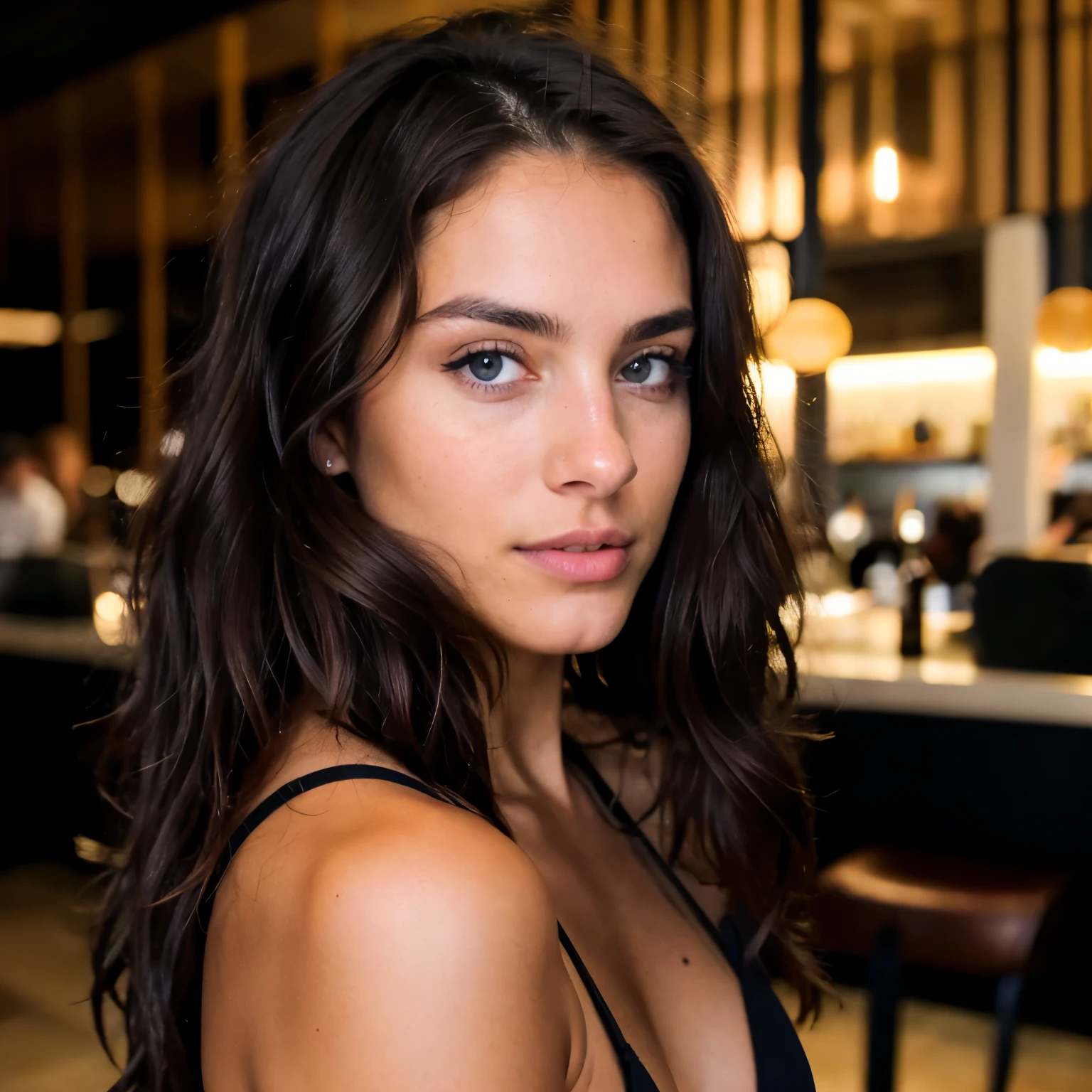 Beautiful brunette, long brown hair, wavy hair, wearing a low-cut black basket, front view (standing inside a modern restaurant at night), highly detailed, 20 years old, natural wavy hair, blue eyes, high resolution, masterpiece, excellent quality, complex details, extremely detailed, sharp focus, detailed skin, black skin, realistic skin texture, texture, detailed eyes, professional, 4K, Canon shooting, 85mm, shallow depth of field, Kodak color vision, perfect body, extremely detailed with beautiful curves, photo_\(ultra\), photo realistic, realistic, post processing, maximum detail, roughness, real life, ultra realistic, photorealism, photography, 8k uhd, photography (film grain) medium shot for filming atmospheric foreground dark lighting