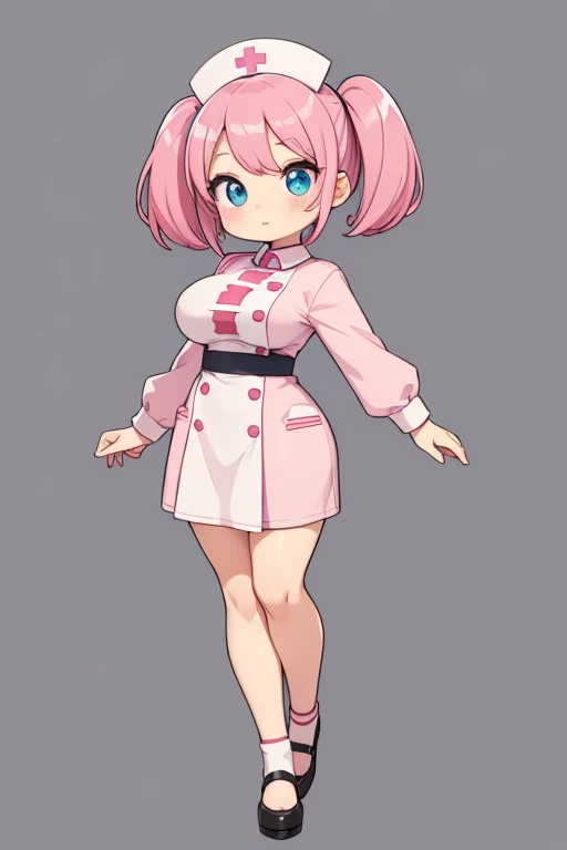 1 woman,nurse uniform, pink wear, pink hair, blue eye, short hair, twintail, big breasts, chibi character, full body, staning, lower arms, front view, looking at viewer, thick outline, gray background, simple background