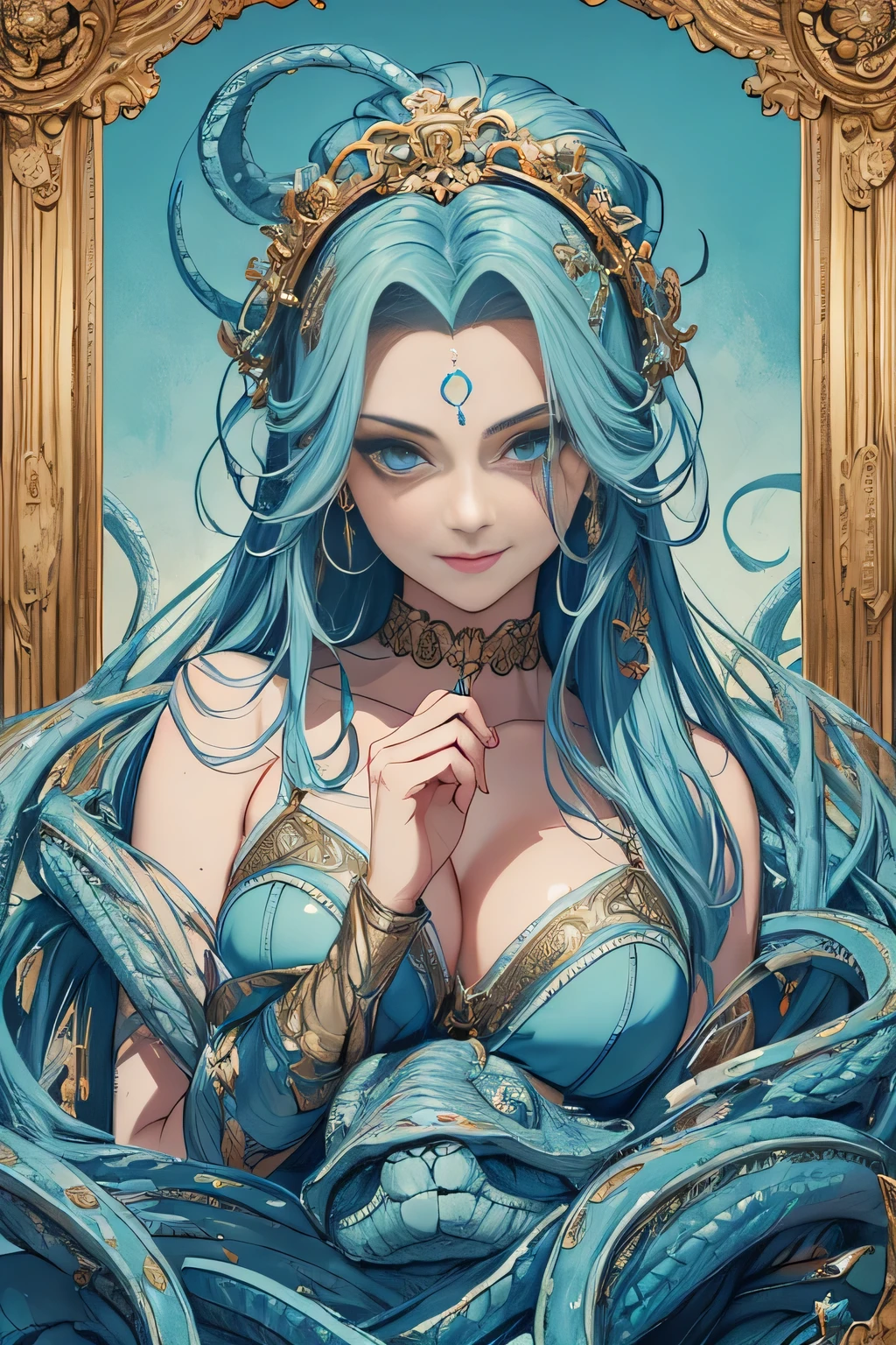 (masterpiece, highest quality), 8k wallpaper, very detailed, poster, medusa, snake hair, sexy, erotic, horror, Greek cinematic movie poster, bauhaus, shape, OK, abstract, gothic, movie poster, vintage, cute，light blue，highlight，smile，light blueと白をベースに，charming eyes