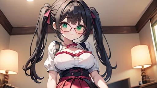 (highest quality,8K quality,masterpiece:1.3),((Gothic Lolita,  twin tail hairstyle, )), ,,cute,single eyelid,,,look at the camera,A warm smile,whole body,Natural light、big breasts、black rim glasses、smile、nsfw