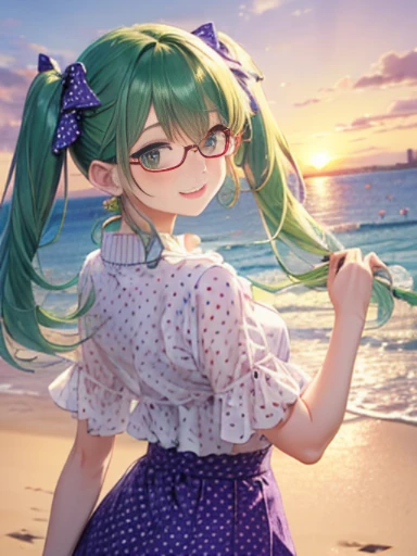 Glasses、小さなgirl、The arrival of autumn、big butt、 (alone:1.5,)Super detailed,bright colors, very beautiful detailed anime face and eyes, look straight, ;shiny_skin,girl, ((gradient hair, , Half white、Half green hair: 1.2)） 、forehead is exposed.、、shiny hair, delicate beautiful face, blush、(turquoise eyes), White skin, Valletta, mature earrings,、sandy beach、sunset、((ribbon、(check、Fashionable blouses、polka dots、purple skirt)))、twin tails、smile、happy face、face dyed red