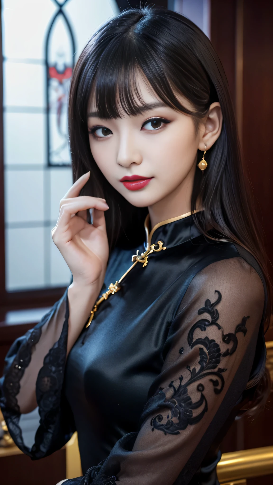 tra-detailed、Japanese、attractive beauty、seductive adult woman、pretty woman、piercing eyes、cool girl、wavy hair、swept bangs、Long Black and Gold andCheongsam、wide sleeves、Evil cadres、evil depravity、brainwash、mind control、lipstick、lip gloss、dark makeup、smirk、whisper in your ear、Evil expression、evil、hollow eyes,half-closed eyes、empty eyes、evil、church at night、vampire、succubus、vampire、Swear allegiance、stand