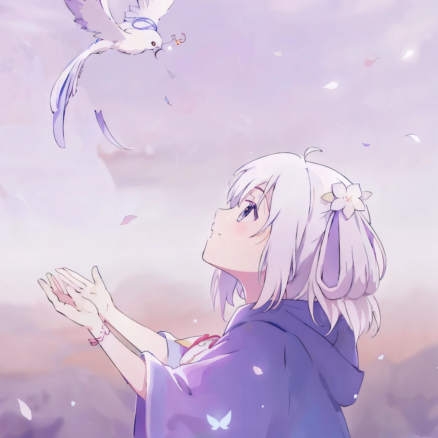 anime girl with white hair and blue cape looking at a bird, White hair deity, Anime beautiful peaceful scene, Anime visual of a cute girl, Haruno Sakura, kyoto animation style, Beautiful anime, White hair, Soft anime illustration, young anime girl, white hair girl, anime wallpaper, (anime girl), Sakura petals surround her, anime pictures