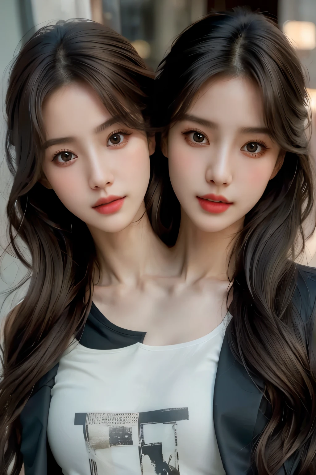 (2heads), 1girl, hyper realistic lifelike texture dramatic lighting unreal engine trending on art station, award winning photo, nikon RAW photo,8 k, Fujifilm XT3,masterpiece, best quality, realistic, photorealistic, ultra detailed, extremely detailed face, solo,1girl, standing, fashionable and trendy atmosphere, high-end makeup products, and a stylish expression on her face, close up, t-shirt