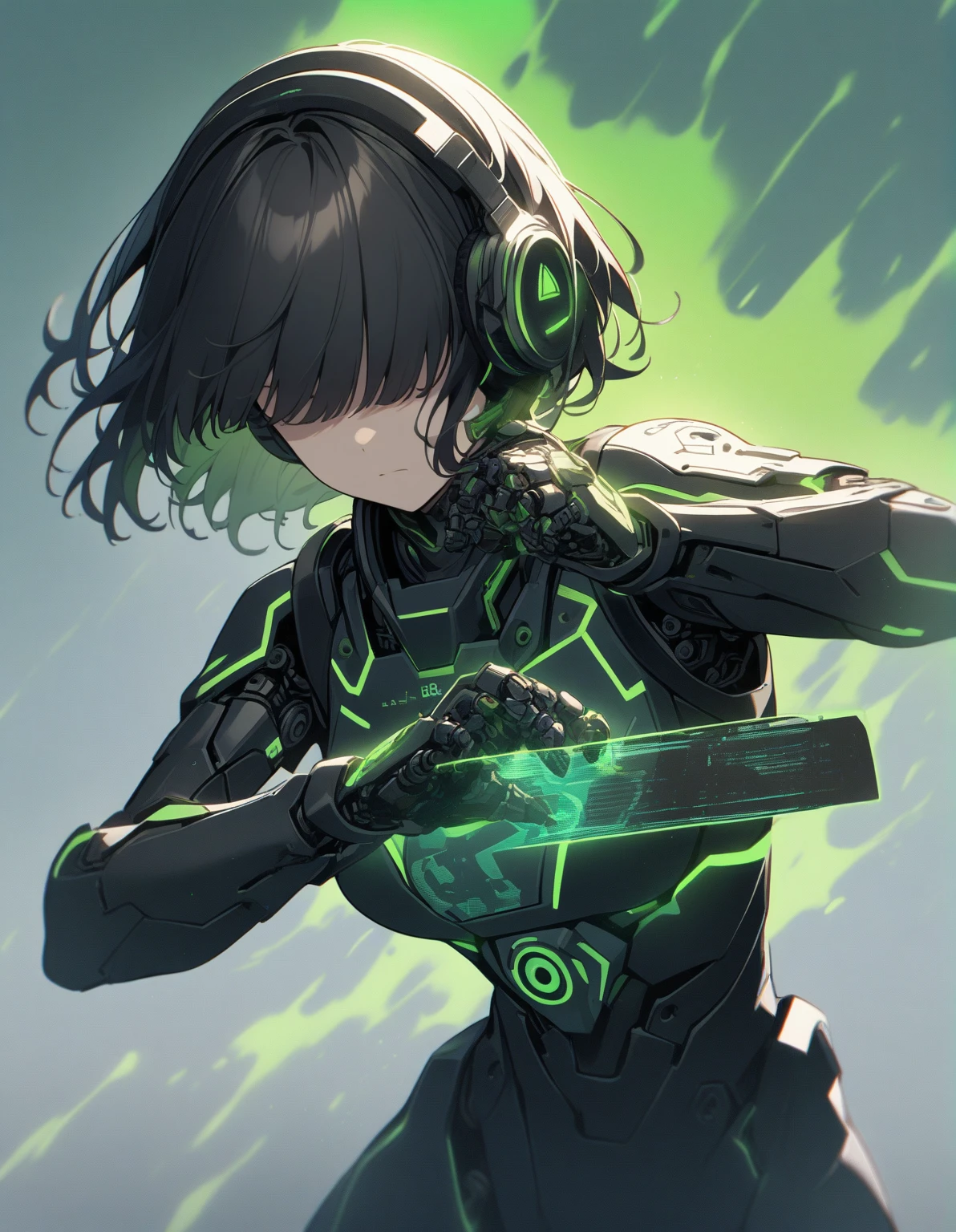 1 girl, black hair with a green gradient on her hair, short hair with bangs, cyborg, hologram, mechanical tight suit black and green, helmet covering her eyes black and green, fighting, unhappy appearance, headphones on her head green, green aura, gentle tones