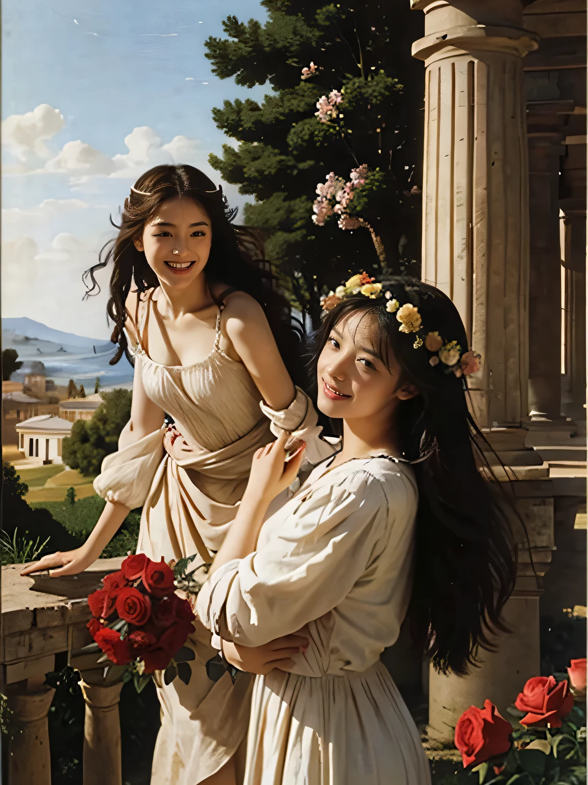 full body portrait or statue、Giorgione painting style,Arguments of two female Philosophe,math、astronomical machine、astronaut、roses in vase、fruits、Cute trinkets、smile、ancient greek costume、Ancient Roman landscape in the style of Nicolas Poussin,laughter,,Sweet and seductive appearance.、Caravaggio's paintings、Chiaroscuro of Caravaggio、hair tousled by the wind,Two women frolicking,cute smile, expression of ecstasy,Sexy,erotic