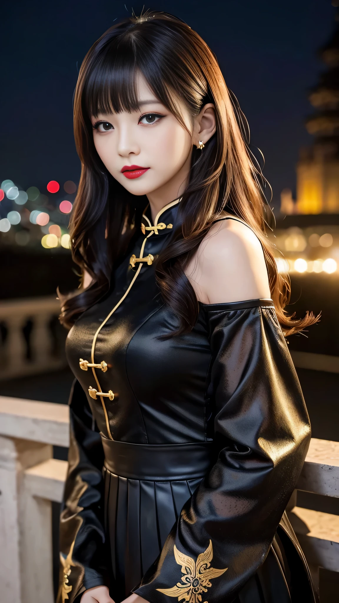 tra-detailed、Japanese、attractive beauty、seductive adult woman、pretty woman、piercing eyes、cool girl、wavy hair、swept bangs、Long Black and Gold andCheongsam、wide sleeves、Evil cadres、evil depravity、brainwash、mind control、lipstick、lip gloss、dark makeup、smirk、whisper in your ear、Evil expression、evil、hollow eyes,half-closed eyes、empty eyes、evil、church at night、vampire、succubus、vampire、Swear allegiance、stand