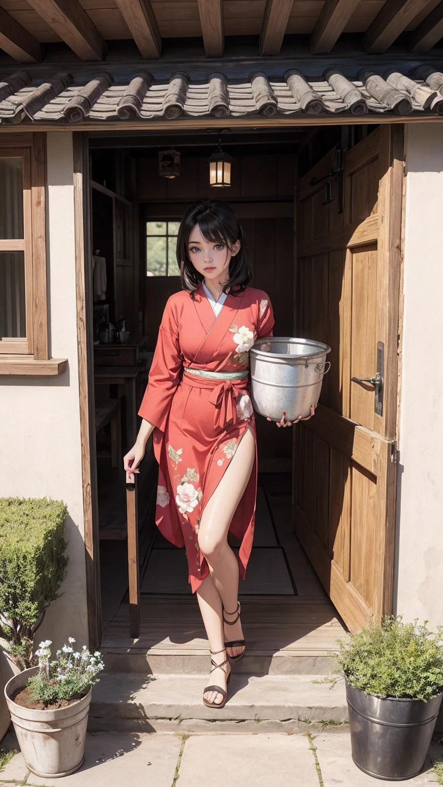 ((最high quality, 8K, masterpiece: 1.3, Ultra HD, high quality, 最high quality, High resolution, realism)) 、A stunningly beautiful 22-year-old Japanese woman、hair color is black、black eye、medium hair、straight hair、smile、Slender but well-proportioned muscular body、Athlete-like body type、I don't want my head to disappear from the screen.、Wearing red nail polish、I have a peticure、A courtyard spreads out in front of the porch of a Japanese house in the countryside of Japan.、There is a well with a hand pump in the courtyard.、wear a yukata、wear sandals、barefoot、Pumping water from a well with a hand pump、put water in bucket、There are vegetables in the bucket