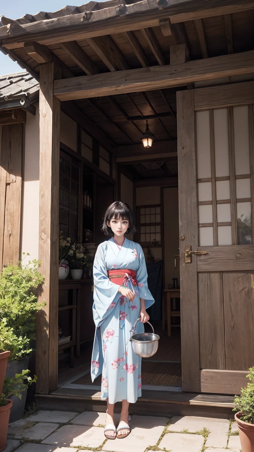 ((最high quality, 8K, masterpiece: 1.3, Ultra HD, high quality, 最high quality, High resolution, realism)) 、A stunningly beautiful 22-year-old Japanese woman、hair color is black、black eye、medium hair、straight hair、smile、Slender but well-proportioned muscular body、Athlete-like body type、I don't want my head to disappear from the screen.、Wearing red nail polish、I have a peticure、A courtyard spreads out in front of the porch of a Japanese house in the countryside of Japan.、There is a well with a hand pump in the courtyard.、wear a yukata、wear sandals、barefoot、Pumping water from a well with a hand pump、put water in bucket、There are vegetables in the bucket