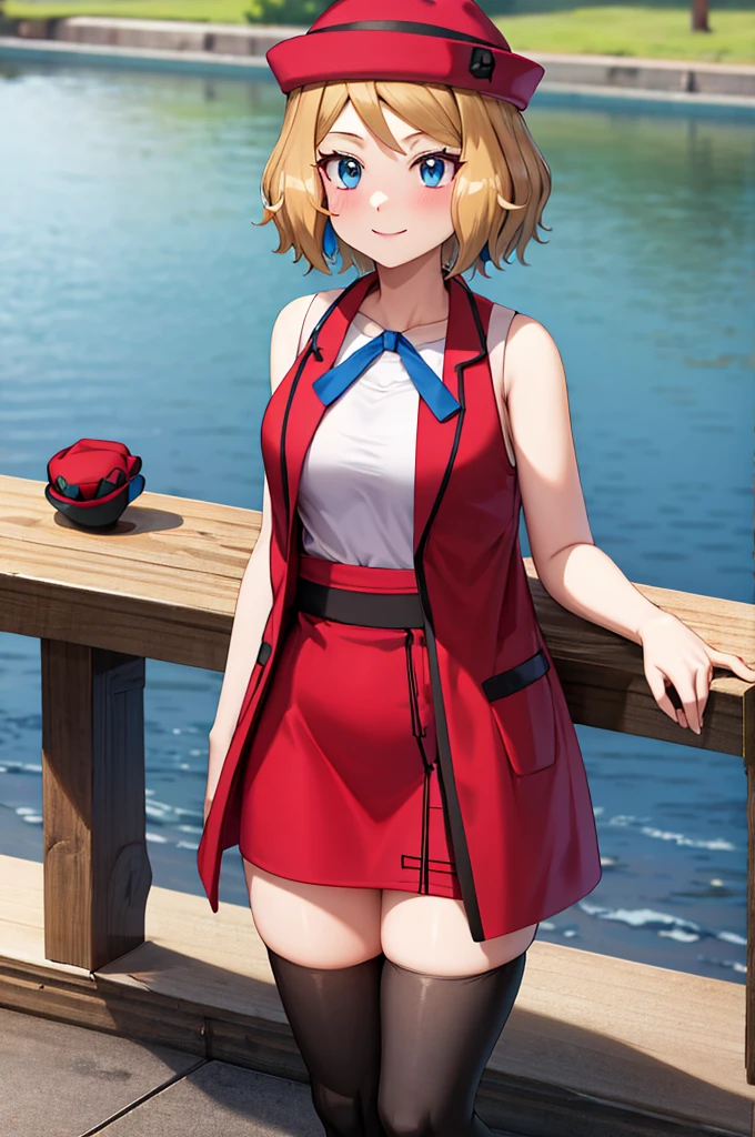 masterpiece, best quality, highres, serena \(pokemon\), short hair, blue eyes, 1girl, solo, blue ribbon, eyelashes, black thighs, neck ribbon, sleeveless, bangs, collarbone, bare arms, pink dress, red coat, pink hat, outdoor, standing by a lake, blushing, smile, long stockings, black stockings, mid-thigh stockings, medium-sized female breasts, Neckline, detailed background, background of great details.