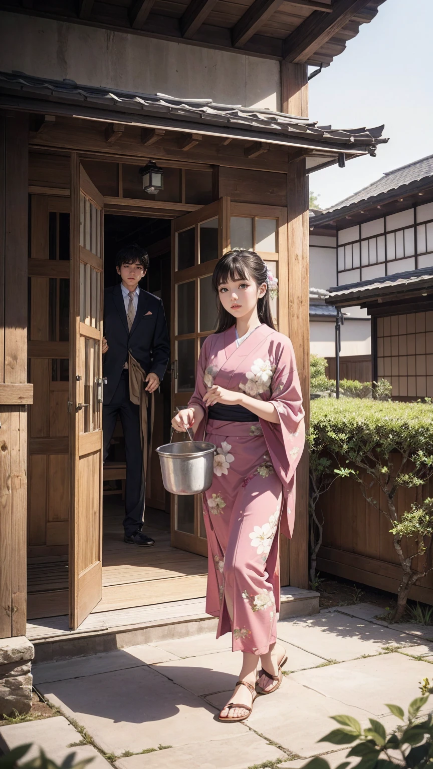 ((最high quality, 8K, masterpiece: 1.3, Ultra HD, high quality, 最high quality, High resolution, realism)) 、A stunningly beautiful 22-year-old Japanese woman、hair color is black、black eye、medium hair、straight hair、smile、Slender but well-proportioned muscular body、Athlete-like body type、I don&#39;t want my head to disappear from the screen.、Wearing red nail polish、I have a peticure、A courtyard spreads out in front of the porch of a Japanese house in the countryside of Japan.、There is a well with a hand pump in the courtyard.、wear a yukata、wear sandals、barefoot、Pumping water from a well with a hand pump、put water in bucket、There are vegetables in the bucket