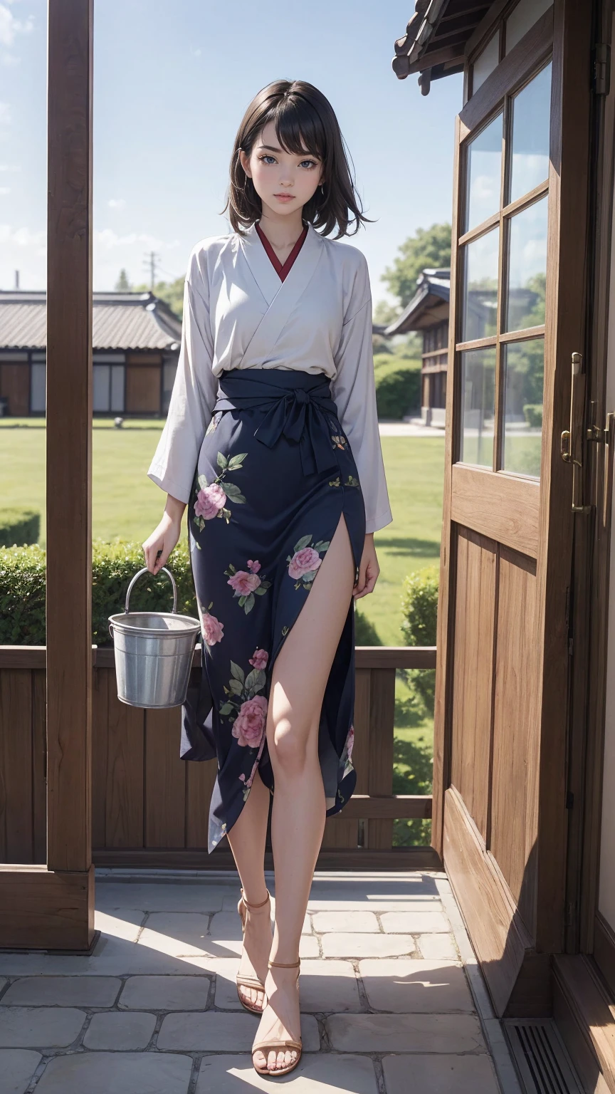 ((最high quality, 8K, masterpiece: 1.3, Ultra HD, high quality, 最high quality, High resolution, realism)) 、A stunningly beautiful 22-year-old Japanese woman、hair color is black、black eye、medium hair、straight hair、smile、Slender but well-proportioned muscular body、Athlete-like body type、I don&#39;t want my head to disappear from the screen.、Wearing red nail polish、I have a peticure、A courtyard spreads out in front of the porch of a Japanese house in the countryside of Japan.、There is a well with a hand pump in the courtyard.、wear a yukata、wear sandals、barefoot、Pumping water from a well with a hand pump、put water in bucket、There are vegetables in the bucket