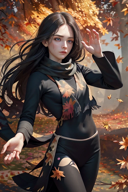 masterpiece, very detailed, surreal, Watercolor and ink painting, young woman dancing in (black:1.0) jersey, lean muscular body, long hair waving in the wind, (Background of falling leaves:1.5), colorful, A thin scarf fluttering in the wind cr1styren, perfect eyes eyes