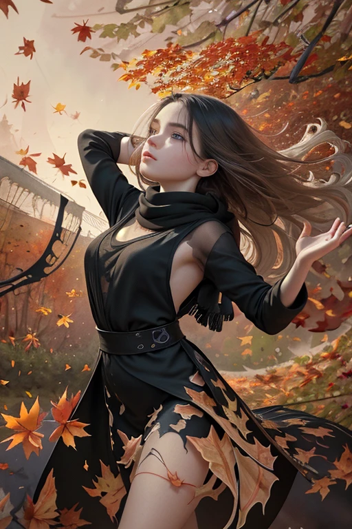 (High Detail:1.2) Anime Girl, (Cinematic Lighting, Delicate Colors), (Falling Leaves:1.2), Lighting Calm, Wind, Fog. Turquoise, delta tones.