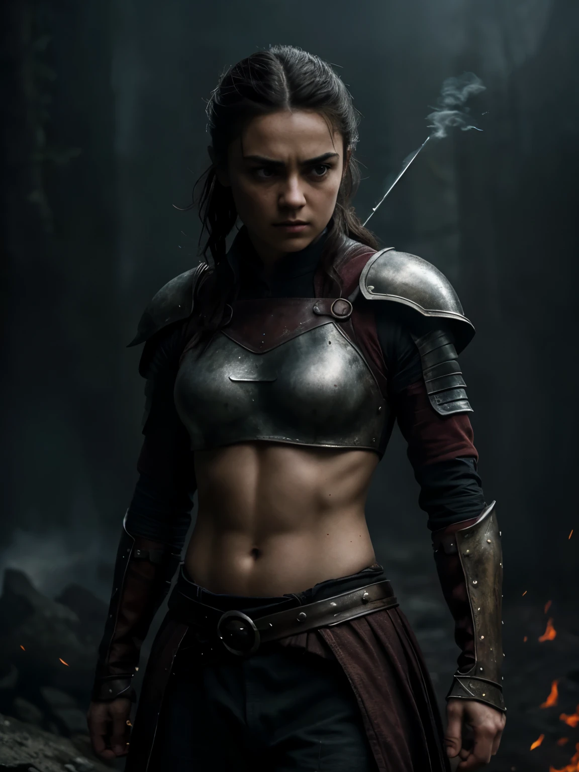 (best quality,4k,8k,highres,masterpiece:1.2),ultra-detailed,(realistic,photorealistic,photo-realistic:1.37),sword-wielding,ferocious,brave warrior,girl with a brave and determined expression,Arya Stark from Game of Thrones,detailed facial features,expressive eyes,sharp nose,fierce eyes,beautiful face,flowing hair,fine clothing and armor, round deep navel,powerful stance,confident posture,misty background,hint of smoke,fierce battle scene,warrior in action,heroic aura,gritty texture,strong contrast,vivid colors,highlights and shadows,stark contrast between light and dark,moody feel,mysterious lighting,dramatic composition,splashes of red and black,dynamic movement,strong presence,unforgettable,portrait of resilience and strength.