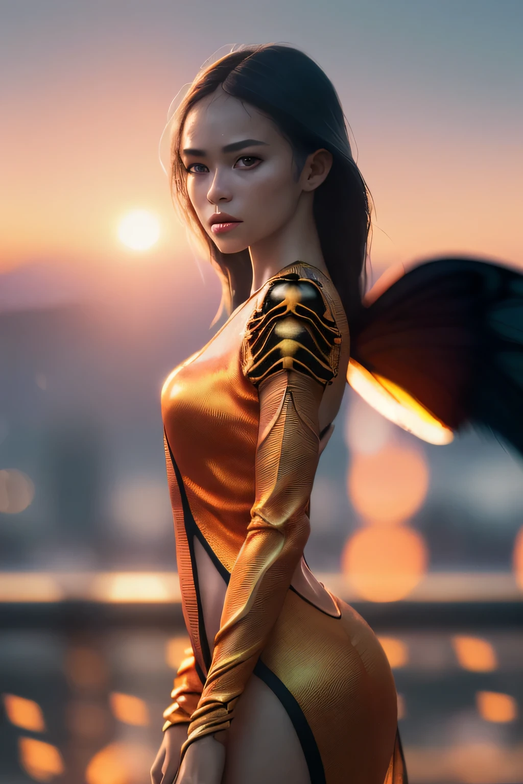 (masterpiece), (very complicated:1.3), (realistic), girl portrait, the most beautiful in the world, (insect-like wings), scale powder reflection, fashion model posing, middle long shot, outdoor, intense sunlight, distant shore, Stunning female professional photo details, sharp focus, dramatic, Award history, cinematic lighting, Octane Rendering Unreal Engine, volumetrics dtx, (film grain, blurred background, blurred foreground, Bokeh, Depth of the bounds written, sunset, motion blur:1.3), thin orange clothing