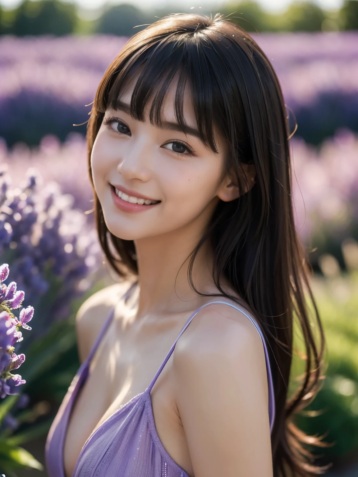 (highest quality,masterpiece:1.3,ultra high resolution),(Super detailed,caustics),(realistic:1.4,RAW shooting),1 girl,flat bangs、smile、Blurred background, (Vibrant color saturation), lavender field