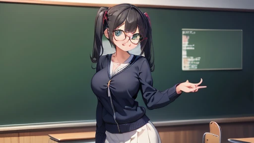 masterpiece,highest quality,wonderful,finely,High resolution,1 girl, big breasts,(teacher:1.3), black hair, glasses, green eyes,twin tails,full body