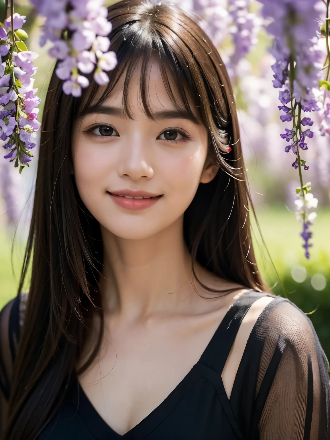 (highest quality,masterpiece:1.3,ultra high resolution),(Super detailed,caustics),(realistic:1.4,RAW shooting),1 girl,flat bangs、smile、Blurred background, (Vibrant color saturation), wisteria trellis