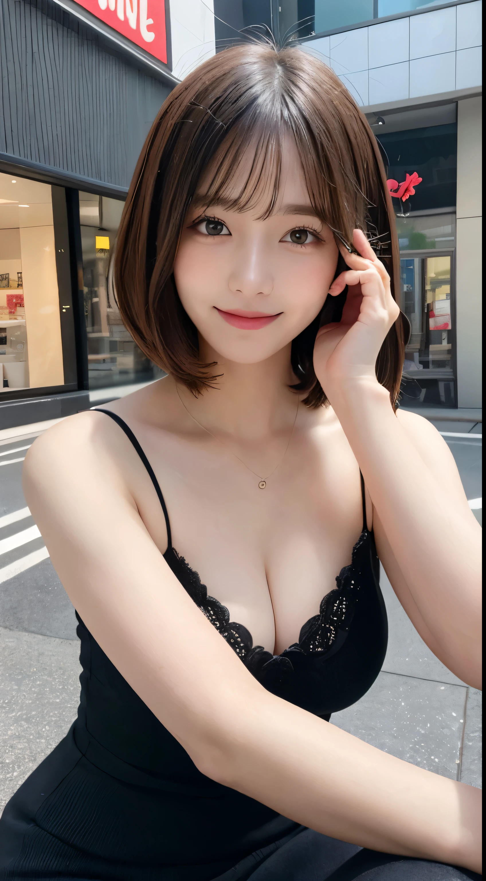 masutepiece, Best Quality, Illustration, Ultra-detailed, finely detail, hight resolution, 8K Wallpaper, Perfect dynamic composition, Beautiful detailed eyes, Women's Fashion Summer,Short bob hair,Small breasts natural color lip, Bold sexy poses,Smile,Harajuku、20 years girl、Cute、Dress up sexy shot looking at camera